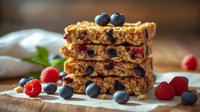 Stack of oat granola bars with blueberries and raspberries, healthy snack food