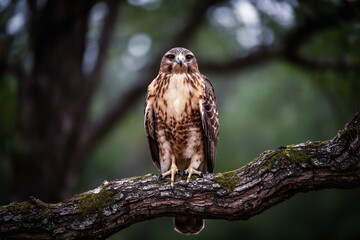 Majestic hawk perched on mossy branch with soft background.