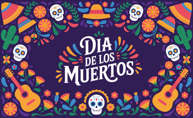Mexican Dia de Los Muertos banner with calavera skulls, sombrero, guitar, maracas, candles, flowers, and birds vector illustration