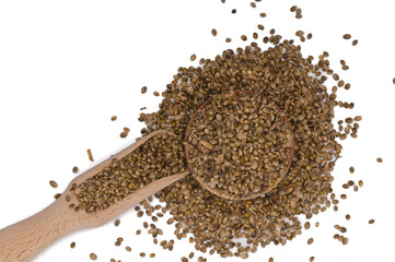 Unhulled hemp seeds scattered on a white background, isolated