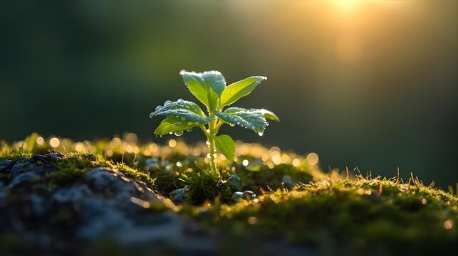 Dew drops on young plant sprout with sunrise light and bokeh background