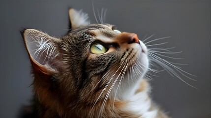 Close-up of a tabby cat's face with bright green eyes looking upwards curiously