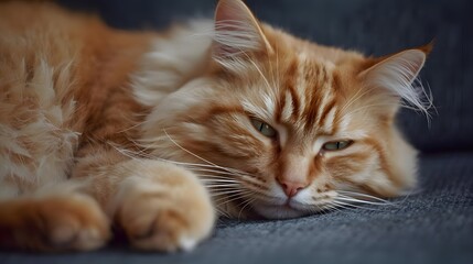 Relaxed ginger cat with green eyes lying down on a soft surface