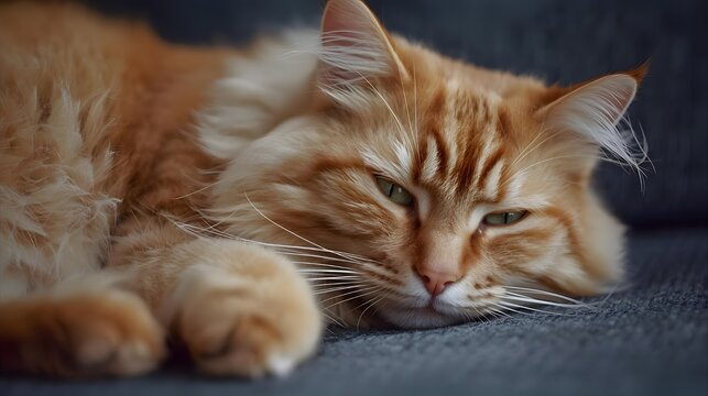 Relaxed ginger cat with green eyes lying down on a soft surface