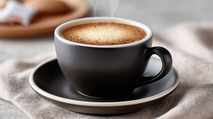 Steaming cappuccino in a dark cup on a saucer, soft lighting.