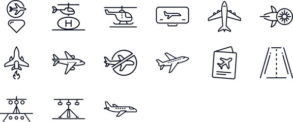Aviation and Airplane Line Icons Set &ndash; Flight Travel Symbols, Airport Elements, Aircraft Outline Collection, Airline Transport and Navigation Vector Pack