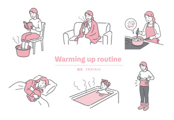 冷え性対策・温活ルーティンセット。自宅で体温を上げる女性のイラスト