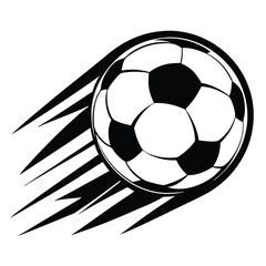 Striking black and white soccer ball moves with dynamic speed lines to the left