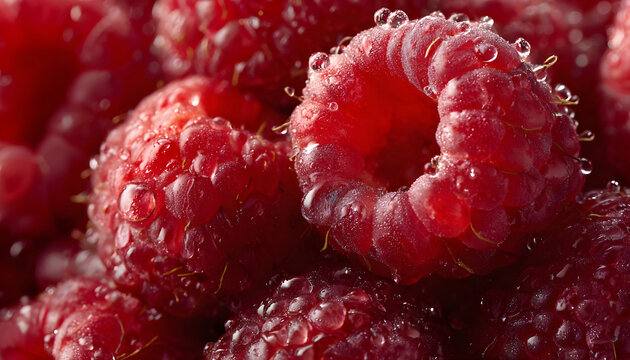 Close-up of fresh raspberries with droplets of water on their surface.