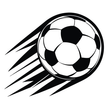 Striking black and white soccer ball moves with dynamic speed lines to the left