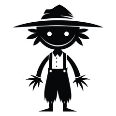 Scarecrow with straw hair wears a hat and overalls while smiling innocently