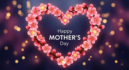 Happy Mother's Day Heart Floral Wreath: Pink Blossoms, Bokeh Lights, Greeting Card, Celebration, Love, Mom, Festive, Spring, Holiday