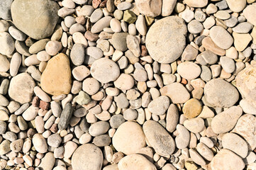 Smooth stones scattered across beach, showing signs of erosion and time. Neutral-toned pebbles and rocks on seacoast.