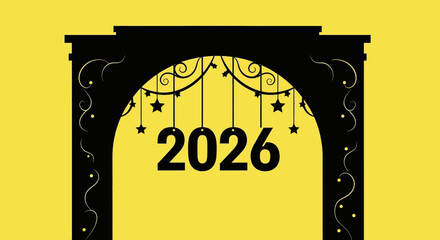 A black archway with the year 2026 hanging from it, on a yellow background.