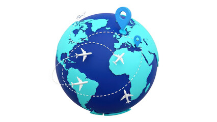 Obraz premium 3d rendering of a blue globe showing international air travel routes with airplane icons and location pins, isolated on transparent background