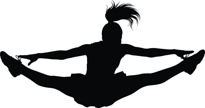 Cheerleading jump silhouette&mdash;vector of high straddle leap with extended arms and flying hair in mid-air