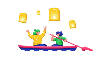 Obraz premium Two happy people in a small boat releasing glowing yellow sky lanterns into the air, isolated on transparent background