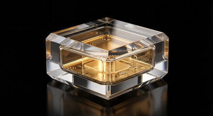 Futuristic Transparent Cube with Golden Microchip on Black Background