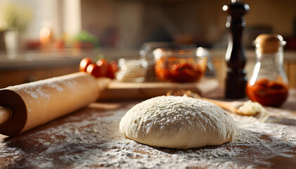Fototapeta premium Freshly made raw pizza dough on a home kitchen table with pizza toppings like cheese, meat and tomato sauce on it. White flour around it on the table and a rolling pin in the bokeh blurry background.