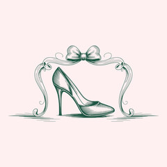 Vintage green etched high heel shoe with ornate bow and frame on pale pink background engraving illustration