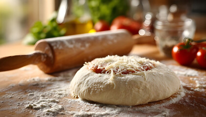 Fototapeta premium Freshly made raw pizza dough on a home kitchen table with pizza toppings like cheese, meat and tomato sauce on it. White flour around it on the table and a rolling pin in the bokeh blurry background.