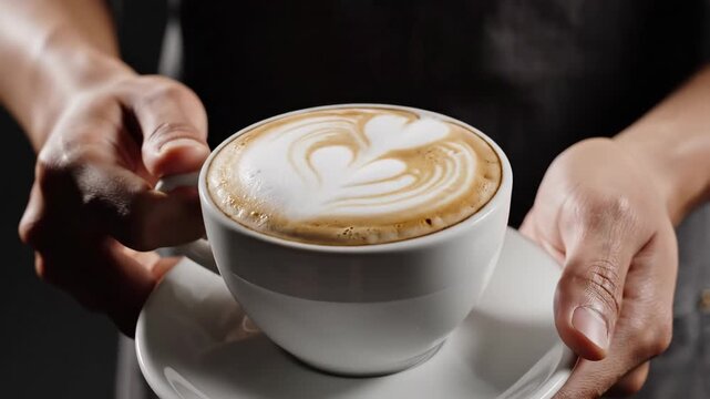 Barista hands holding creamy heart latte art coffee cup perfect for cafe promotion