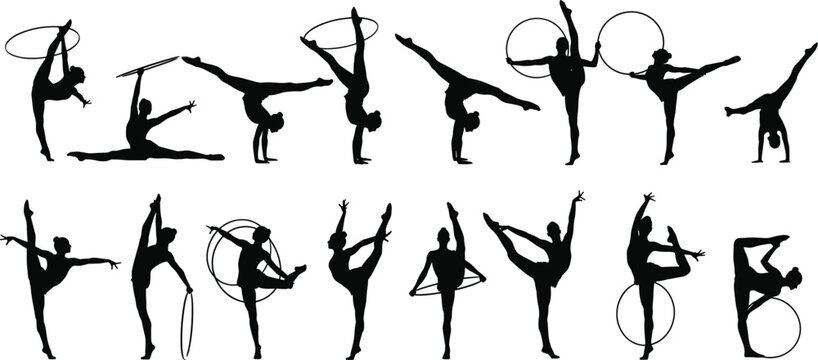 Rhythmic gymnastics silhouette pack&mdash;vector of 16 hoop poses showing balance, flexibility, and motion