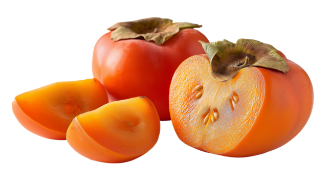 A close up of persimmons one whole one halved and two slices on a black background studio shot