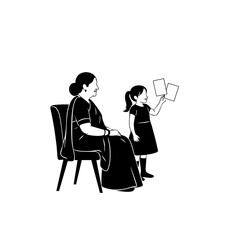 Grandmother and granddaughter with cards in silhouette