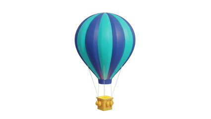 A vibrant blue and teal striped hot air balloon illustration with a yellow basket, isolated on transparent background