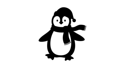 Cartoon penguin wearing a hat and scarf, standing on a white background.