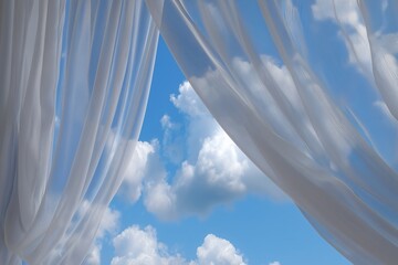 The transparent white curtains enclose a vivid blue sky, adorned with fluffy clouds. This serves as a backdrop for a clean, fresh, or ethereal visual.