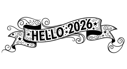 Ornate banner with the text "HELLO 2026" and decorative swirls and stars.