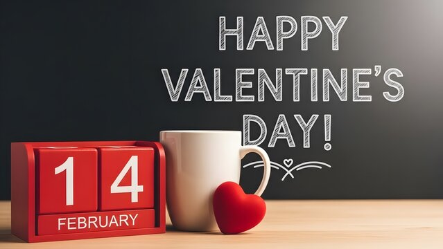 Valentine s day still life with calendar mug and heart decoration