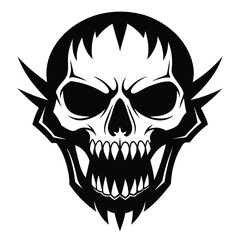 The stark monochrome skull shows pointed teeth and spikes on each side of head