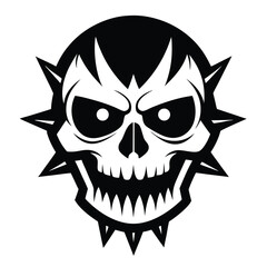 Spiky black skull, a dark icon, shows menacing teeth in a simple vector