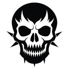 A black skull shows sharp spikes and bonelike features on a stark white background