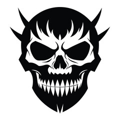 In a sinister monochrome artwork, a horned demon skull is intensely rendered