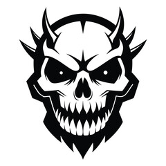 Spiked devil skull in black and white showcases sharp horns, teeth, and menacing look