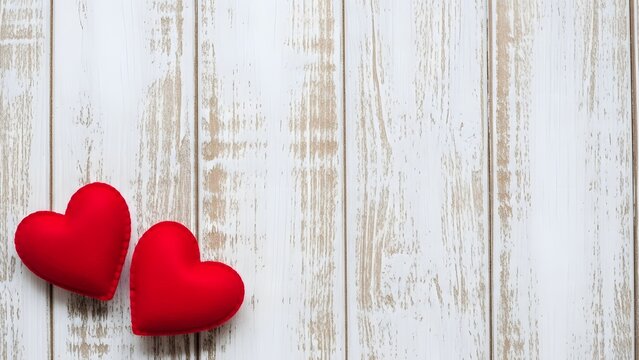 Two red hearts on rustic white wood background for valentine s day