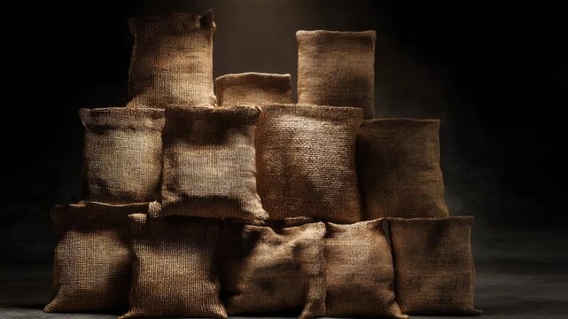 Stacked burlap sacks arranged in a pyramid formation, showcasing texture and depth, with dynamic lighting enhancing the scene, camera slowly zooms out for perspective