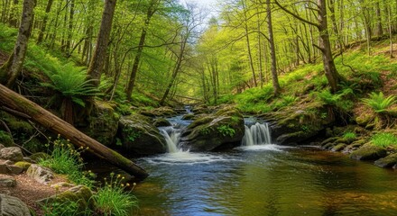 Fototapeta premium Serene woodland stream cascading over mossy rocks into a lush green forest glade