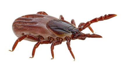 A detailed close up of a brown tick with visible legs and body structure on a black background