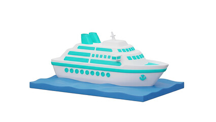 Obraz premium A cute 3d low poly cruise ship icon with teal accents floating on a blue water base, isolated on transparent background