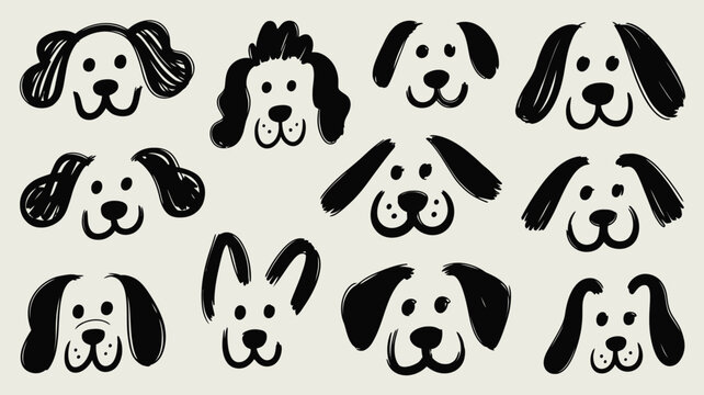 A pattern of twelve simple black and white dog face drawings with varying ear styles and expressions