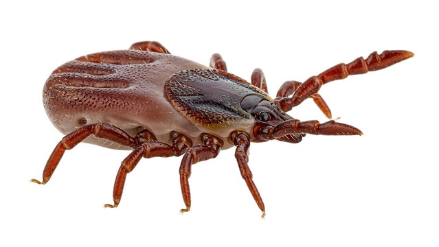 A detailed close up of a brown tick with visible legs and body structure on a black background