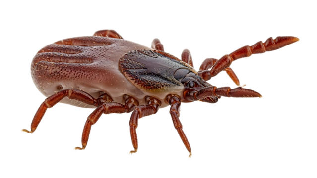 A detailed close up of a brown tick with visible legs and body structure on a black background
