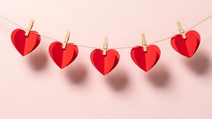 Red paper hearts hanging on a string for valentine s day decoration