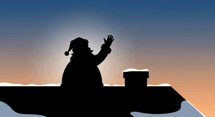 Silhouette of Santa Claus on a rooftop waving his hand.