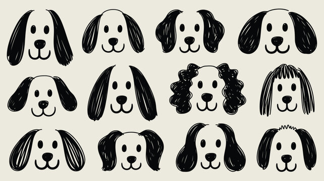 A collection of twelve hand drawn dog faces with varying ear styles and expressions in black and white